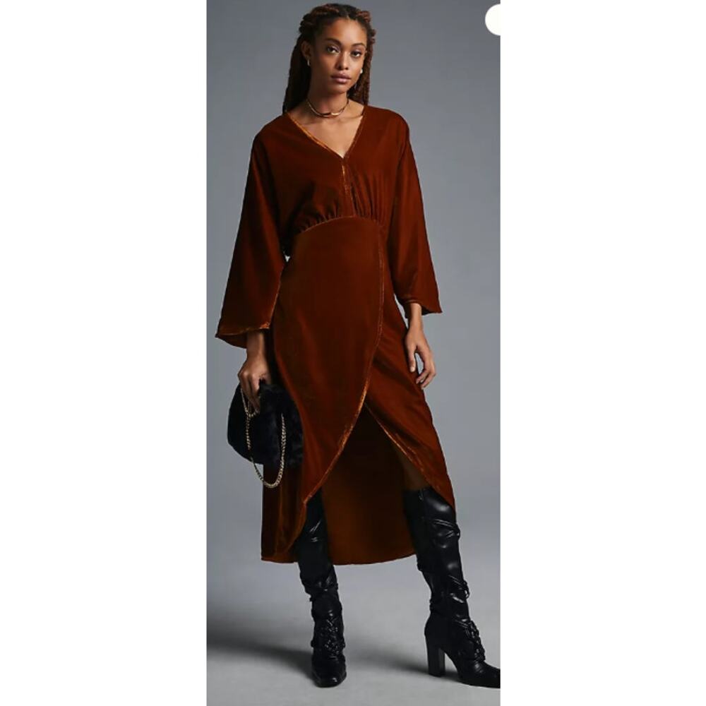 NEW Anthropologie S Petite Let Me Be Asymmetrical Velvet Dress Gold Velvet Boho